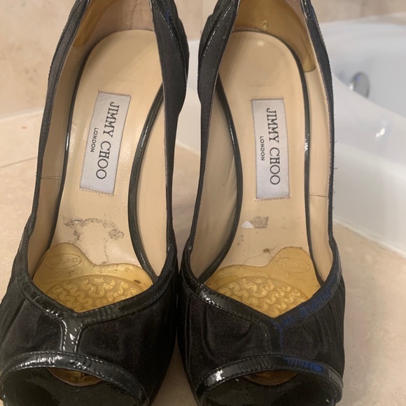 Jimmy Choo Black Satin Peep Toe Stiletto Pumps 38 - Picture 5 of 10